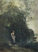 Landscape with a peasant Girl grazing a Cow at the Edge of a Forest Jean Baptiste Camille  Corot